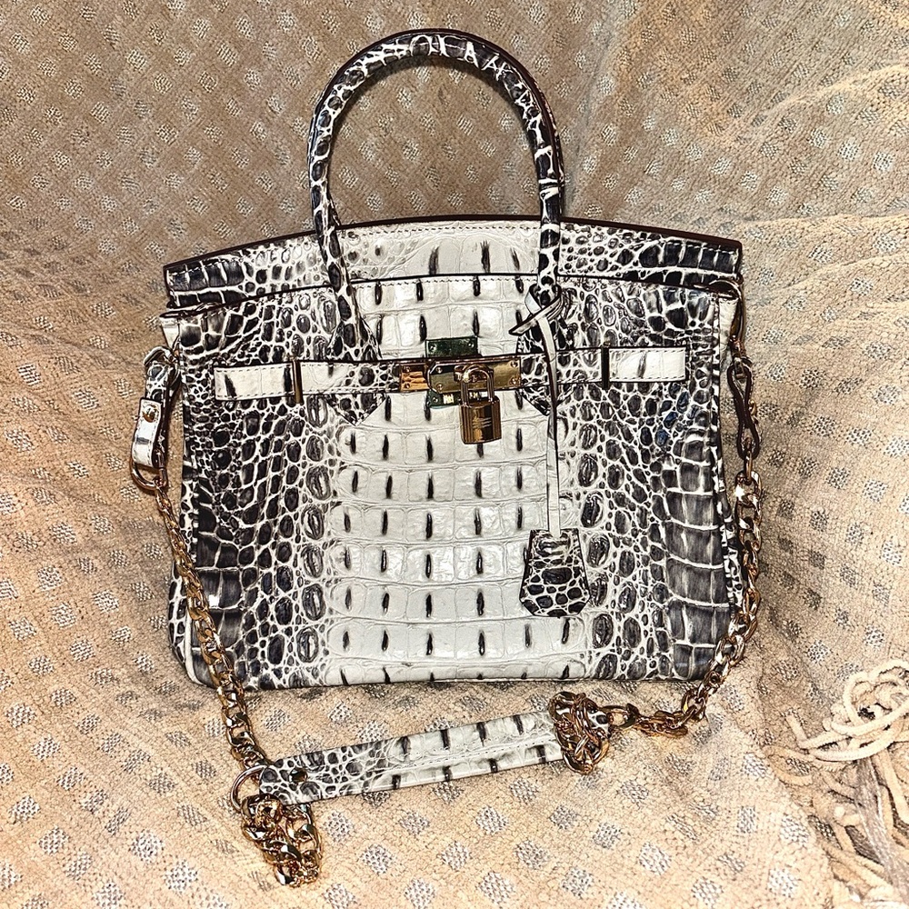 Light and Dark Grey Embossed Leather Satchel, Gold Hardware, Has Lock and Key!